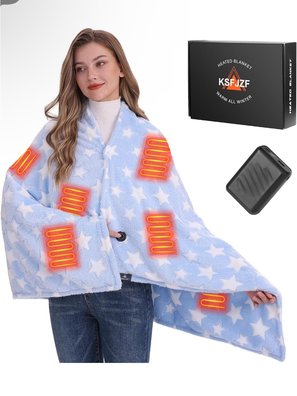 Light Blue Star Heated Blanket Shawl - Portable Wearable Heating Wrap
